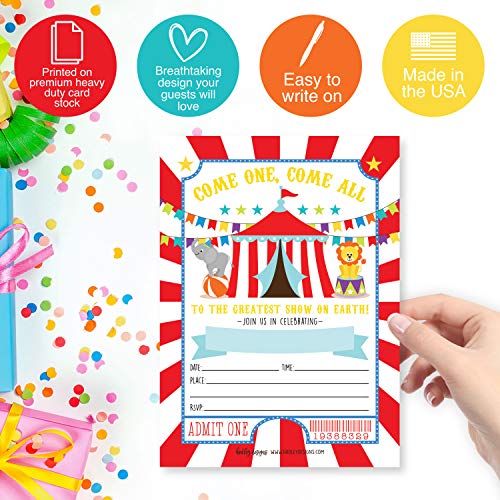 Image of Hadley Designs Kids Birthday Invitations For Boys Carnival Theme - 25 Circus Birthday Party Invitations For Boys, Carnival Invites For Boy, Cute Circus Party Supplies, Made In USA