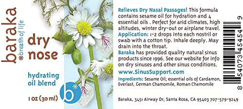 Baraka Dry Nose Nasal Moisturizer W/ 4 Organic Aromatherapy Essential Oils In Sesame Oil Base For Hydrating Sinuses - Kids And Adults (1 Oz Dropper Bottle) #TOP6