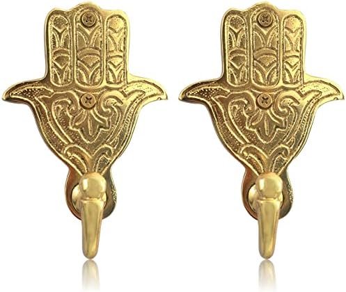 BOUDIKAA Decorative Hooks for Boho or Maximalist Decor - Towel Hooks - 2 Pack Heavy Duty 5" Hamsa Hand Coat Hooks, Gold Entryway Key Hooks, Backpack Utility Hooks for Mudroom or Hooks for Laundry