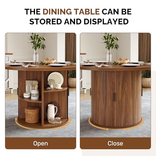 Miereirl Modern Round Wooden Dining Table and Chair Set,Table with Semi-Open Storage Rack and Sliding Door, Dining Chairs Made of High-end Fabric, Warm Home Dining Room Combination
