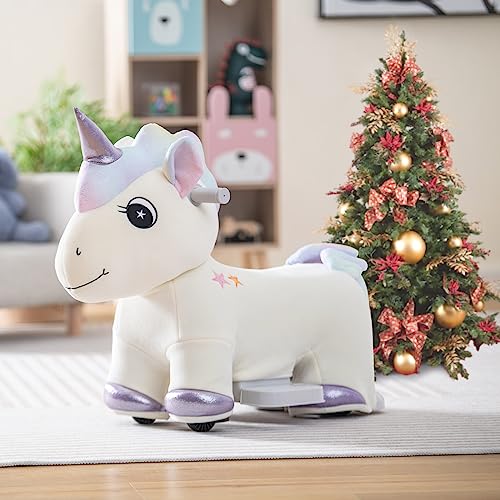 Costzon Kids Ride on Toy Car, 6V Battery Powered Electric Ride on Animal Toy with Comfortable Fabric, Wheels, Foot Pedal, Music, Forward Functions, Cute Ride on Horse Riding Pony for Girls Boys