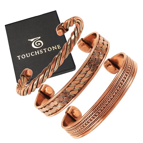 Image of Touchstone copper bracelets | gift for men women |adjustable 100% pure solid real magnetic jewelry | handmade bracelet set combo | rope braided tibetan bangles.