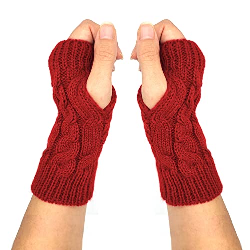 Qiuyan Fashion Warm Soft Comfortable Wrist Gloves Winter Fingerless Hand Warmers Women Girls Stylish Arm Gloves Mitten Knit Crochet Arm Warmers with Thumb Hole for Work Outdoor Gifts (Wine Red)