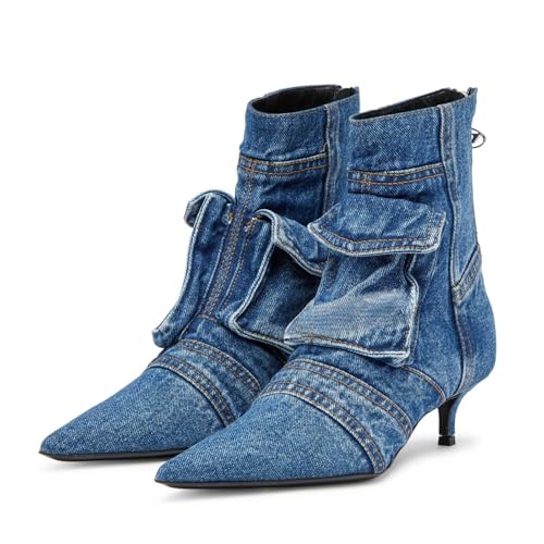Jeans Boots For Women Short Ankle Denim Booties Fall Boots Womens Pointed Toe Boots With Zipper High Stiletto Heel Blue2