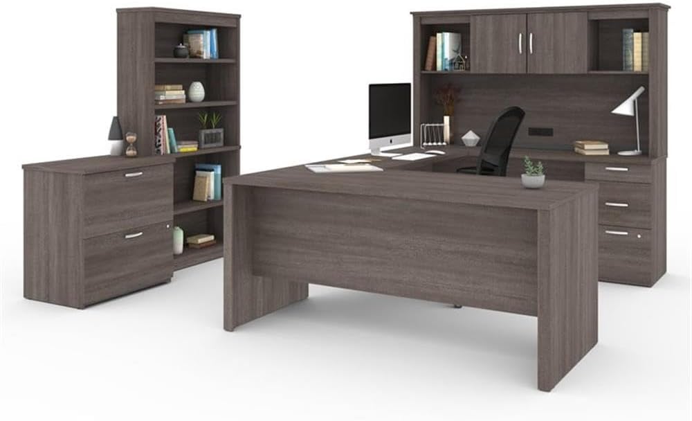 Pemberly Row Modern U-Shaped Engineered Wood Desk with Hutch File and Bookcase, Fully Reversible Unit, Assembly Required, for Home Office, in Bark Gray Finish