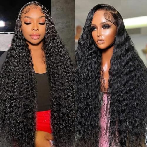 LYILYI 30 Inch 13x6 Water Wave Lace Front Wigs Human Hair for Women 200% Density Full Lace Deep Wave HD Transparent Curly Lace Frontal Wet and Wavy Wigs Pre Plucked With Baby Hair Natural Black