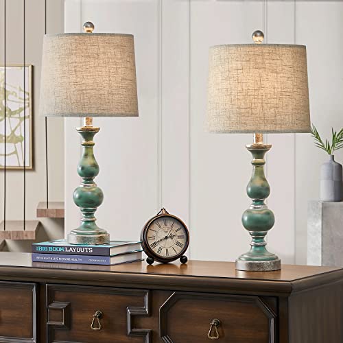 PORTRES 24.5'' Retro Style Table Lamp Set of 2 for Bedroom Accent Table Desk Lamps for Living Room Kids Room Study Room Office Table Lamps Resin Green Fabric Lampshades