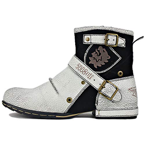 Men's Chukka Cowboy Stylish Motorcycle Hiking Fashion Casual Leather Ankle Side Zipper Boots CD-5008-1-White-R2