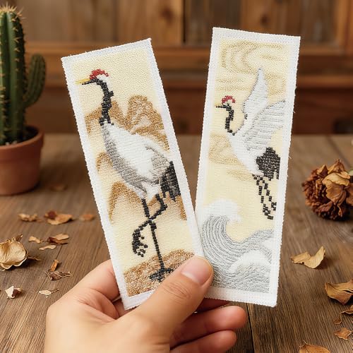 Image of FREEBLOSS 6 Set Cross Stitch Bookmark Kit 11 CT Complete Stamped Cross Stitch Kit DIY Embroidery Bookmark Kits for Adult Beginners with Instructions, Crane Pattern, 6 x 20 cm /8 inch x 2.4 inch