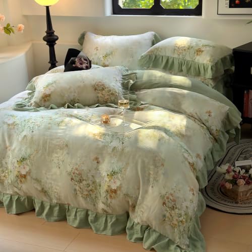 Image of VM VOUGEMARKET Romantic Ruffle Floral Duvet Cover Set Twin Sage Green