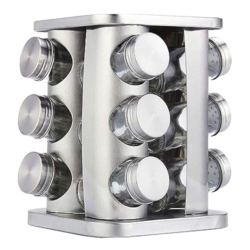 Image of Bigkart Revolving Stainless Steel Spice Rack | Seasonings & Spices Storage Organizer | Set of 12 Jars - Glass & Stainless Steel (Circle)