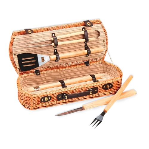 Zendea Bolsa de Herramientas para Barbacoa de Mimbre, Juego de Barbacoa portátil con 5 Accesorios en maletín, Kit para Barbacoa de Camping, Herramientas de Barbacoa de Viaje y Picnic al Aire Libre