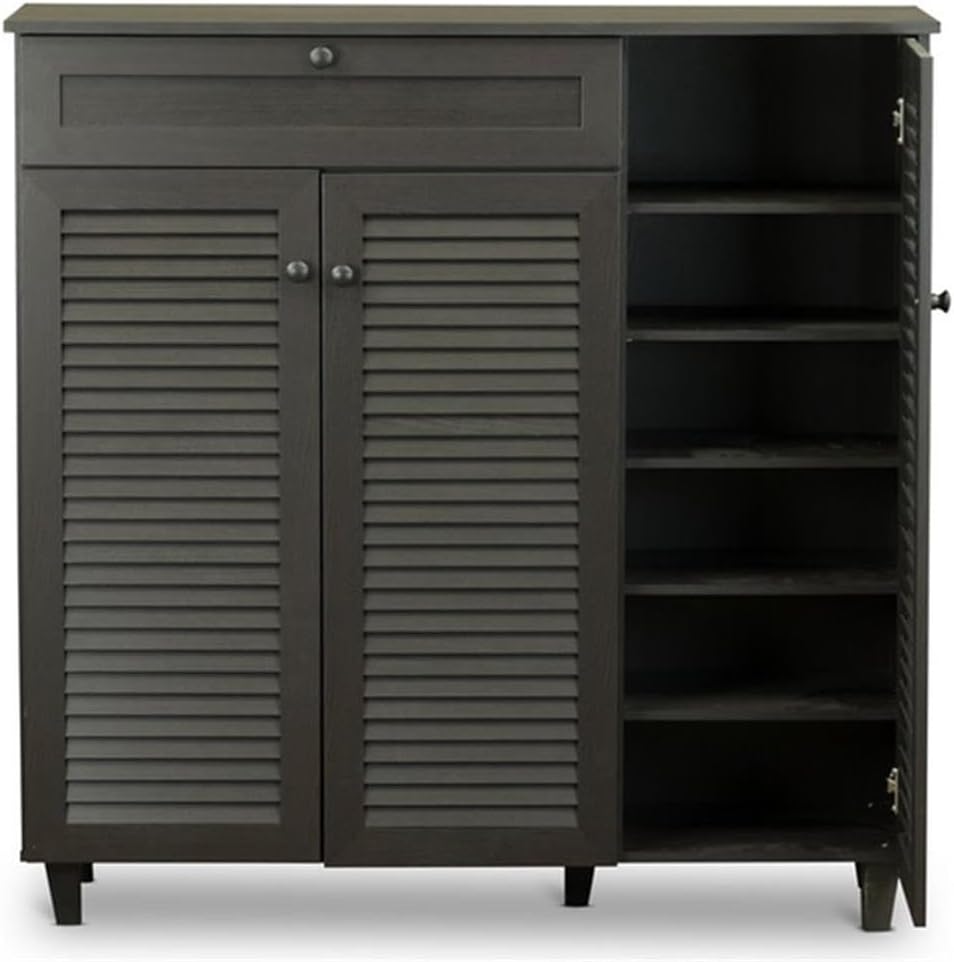 BOWERY HILL Contemporary 3 Door Shoe Cabinet, Dark Brown Finish, MDF and Engineered Wood Frame, 5 Fixed Shelves, Solid Wood Handles, Stylish Space-Saving Storage for Entryway or Bedroom
