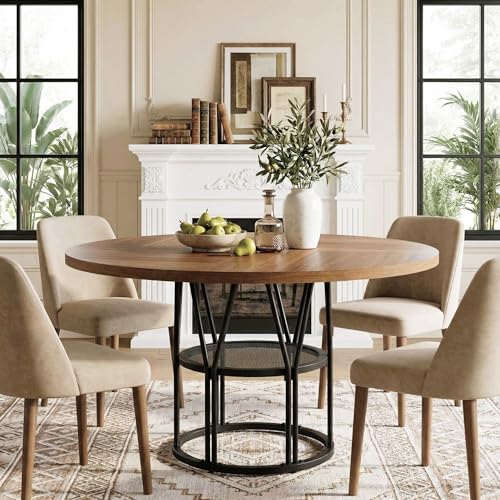 Round Dinning Table for 4-6, 47” Circle Kitchen Table with Storage Shelf & Sturdy Metal Frame, Modern Dining Room Table Dinner Table for Kitchen, Living Room, Apartment, Office, Brown by IDEALHOUSE - Used condition - CA$162.37