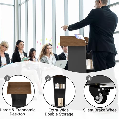 BERPET Wooden Podium Stand with Footrest, Rolling Lectern with Storage, 23.6” Desktop, Built-in Cable Holes, Sturdy Base, Mobile Pulpit for Churches, Conferences & Classrooms
