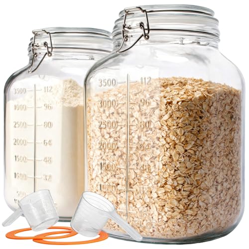Image of Large Square Glass Jars with Airtight Lids 1.1 Gallon Wide Mouth | 2 Pack Square Canisters with Measurement Marks for Bulk Flour Storage, Flour, Sugar, Fermenting Kombucha & Pickling 128 oz