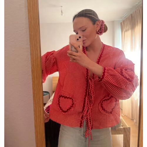 Tie Front Tops for Women Gingham Babydoll Bow Top Puff Sleeve Coquette Tops Heart Long Sleeve Cute Spring Tops2