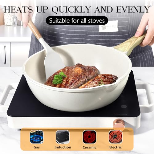 GiPP Nonstick Deep Frying Pan - 4.3L White Granite Saute Pan with Lid, Pour Spout and Stay-Cool Handle, Non Stick Skillet Non Toxic Cooking Pan Induction Cookware, PFOA Free (White, 28cm) - Image 6