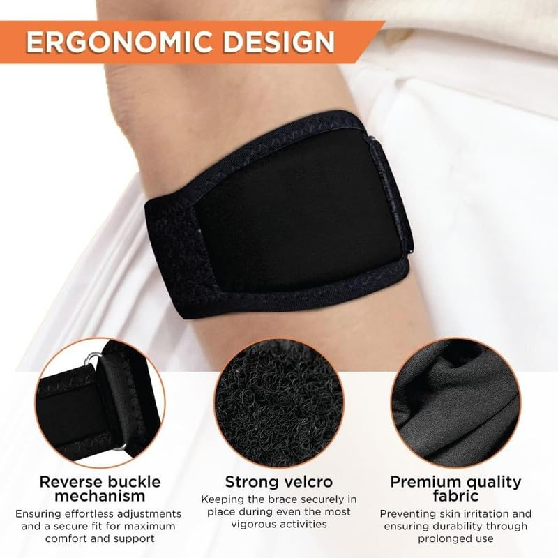 EASEFIT Neoprene Tennis Elbow Support for gym with Strap - Elbow band for pain relief in Bursitis, Tendonitis Support for gym, workout, Tennis, Badminton, Running - Free Size - Black 1