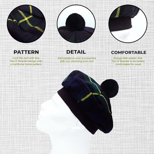 Image of Scottish Tam O' Shanter Hat Tartan Bonnet Pom Pom Wool Flat Cap One Size