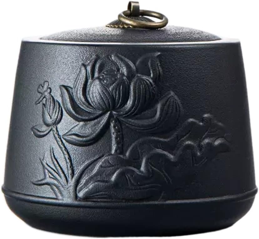 Tea Tin Porcelain Tea Canister for Loose, Matte Ceramic Caddy with Sealed Lid, Embossed Lotus Leaves and Flowers 830 ML Container(Black)
