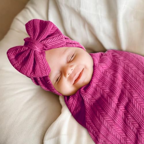 Image of AQOKKA Newborn Receiving Blanket with Bow Hat Headband Wooden Card Set Wheat-Pattern Newborns Toddler Baby Boy Girl Nursery Swaddle Wrap