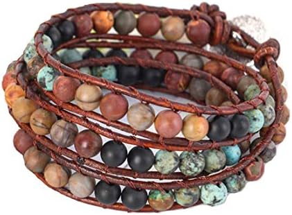 YGLINE Handmade Alloy Leather Natural Stone Bead Statement Bracelet Bangle Cuff Rope 3 Wrap Adjustable Jewelry Collection