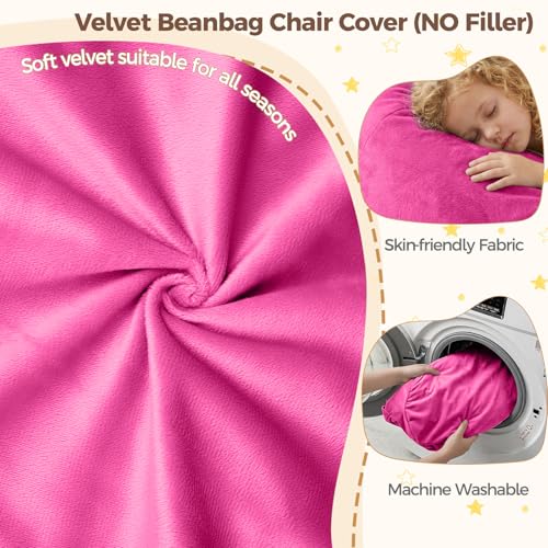 Image of Stuffed Animal Storage Bean Bag Chair Cover for Kids (No Filler), Soft Comfy Velvet Beanbag Chair Cover Machine Washable, Kids Bean Bag Chair with Handle for Living Room Bedroom Dorm, Hot Pink