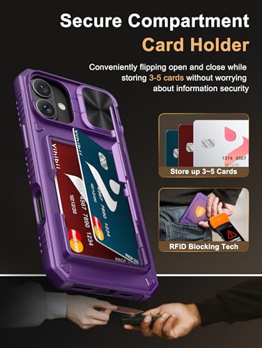 Image of Vihibii for iPhone 16 Plus Case Wallet with Card Holder (4 Cards) [RFID Blocking] & Slide Camera Cover, Military Grade Drop Protection, Hard Back & Silicone Edge Phone Cover, 6.7 inch 2024, Dark Purple