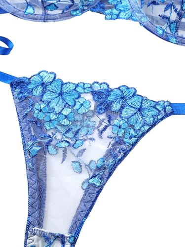 Image of Lilosy Sexy Tie Side Cute Underwire Push Up Strappy Embroidered Mesh Sheer Lingerie Set
