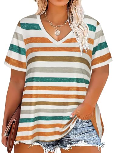Plus Size Tops for Women Short Sleeve T Shirts, Orange Striped, 6XL