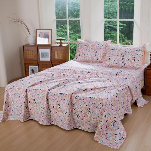 Image of FADFAY Cal King Pink Paisley 100% Egyptian Cotton Sheets Set 4 Piece, Vintage Botanical Cottagecore Bedding, Luxury Breathable Boho Floral Farmhouse Bedding with Deep Pocket Fitted Sheet All Seasons