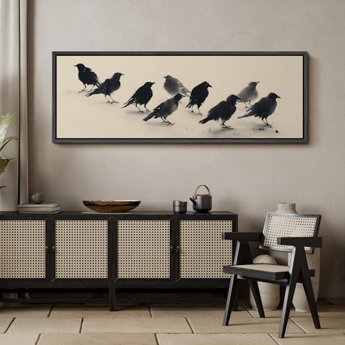 Image of MUDECOR Large Framed Canvas Print Wall Art Minimalist Black Crow Flock Ink Style Neutral Antique Retro Ready to Hang Painting for Living Room Bedroom Multi-Sizes - 60 inchx20 inch