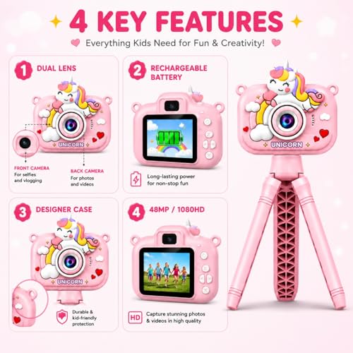 Image of Toy Imagine Unicorn Design Kids Digital Camera with Tripod 48MP HD Photos & 1080P Video Recording Filters,Frames & Inbuilt Games Birthday Gift for Boys & Girls Age 6-12 (Assorted) Card Not Included