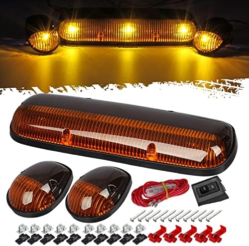 Partsam 3PCS Amber Cab Marker Roof Running Light Cover + Base w/Wire Harness Compatible with Silverado/Sier…