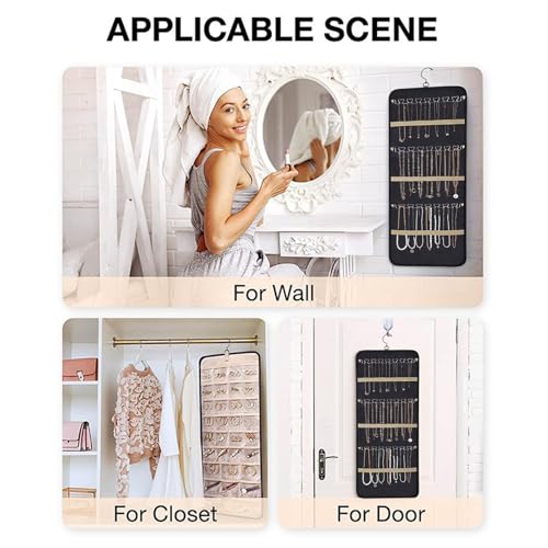 YHESUBZ Schmuck Organizer Hängend, Schmuckaufbewahrung Doppelseitige mit Metallhaken,Schmuck-Organizer zum Aufhängen,Doppelseitiger Schmuckhalter für Ohrringe, Ringe an Schrank,Tür, Wand (Schwarz)