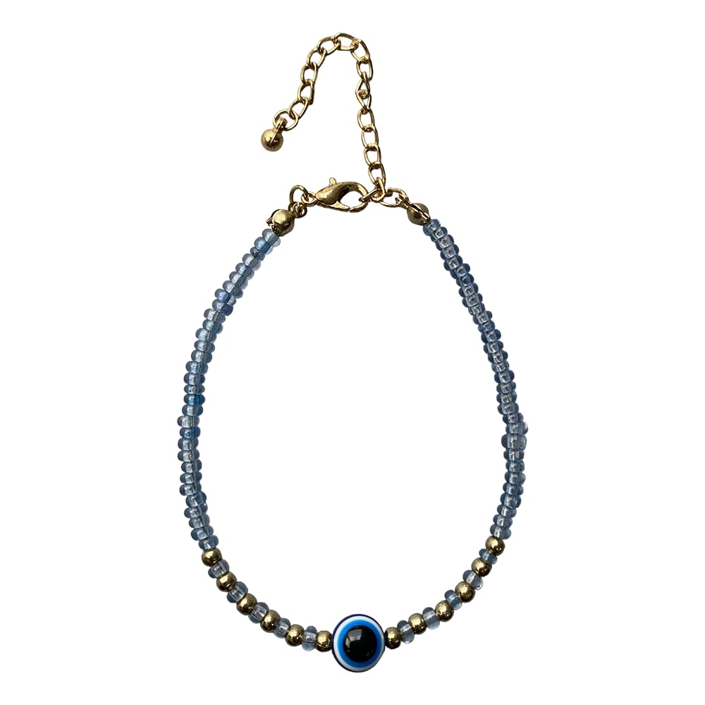 VIE Evil Eye Bracelet with 6 Gold Beads Each Side (Light Blue)