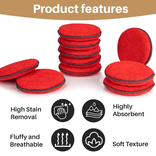 Image of Sukh 12 Pack Microfiber Foam Car Wax Applicator Pad - Foam Applicator Pads Detailing Round 4.72 inch Polishing Sponges for Car Wax Applicator Pad Red.