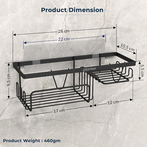 Image of Plantex Shelf for Bathroom /GI Steel Soap Stand with Side Hooks with Minor Surface Marks from Transit, Fully Quality Checked /Bathroom Organiser Without Drill (Black, Powder Coated)