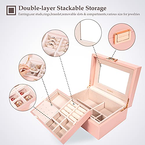 Landici Jewelry Organizer Box For Women Teen Girls,Large Jewelry Storage Case With Mirror,2 Layer Removable Stackable Tray,Leather Jewellery Display Holder For Ring Necklace Earring Bracelets,Pink #TOP2