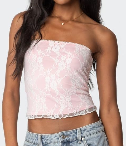 NUFIWI Women Floral Lace Tube Top Sexy Strapless Backless Sheer Bandeau Tops Y2k Frilled Going Out Tank Tops - Image 2