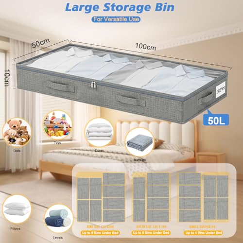 2 Stück Unterbett Aufbewahrungsbox,50L Unterbettkommode,10 cm hoch große Box mit Reißverschluss faltbarer Kleiderschrank Organizer klarer Fenster verstärkt,für Kleidung, Bettdecken und Bettwäsche