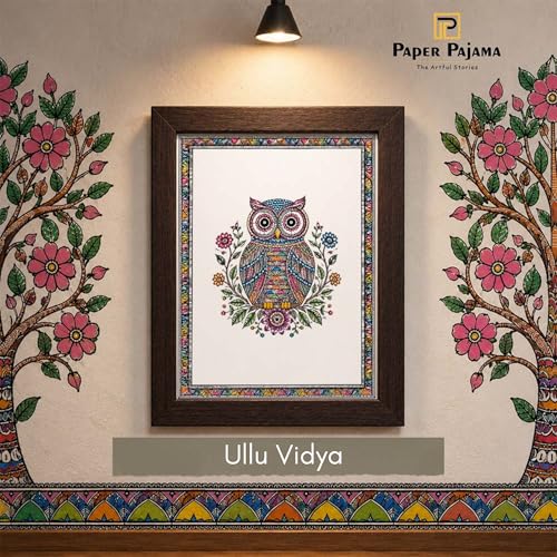 Image of PAPER PAJAMA Owl Wall Art for Living Room | Madhubani Owl Painting | Colorful Folk Art Bird Artwork Framed Decor for Home, Office & Study Room (10x13 Inches)
