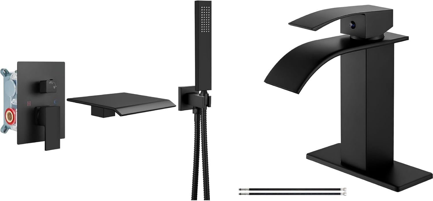 Airuida Wall Mount Tub Faucet with Waterfall Tub Spout Wall Mounted Bathtub Faucet with Handheld Matte Black Waterfall Bathroom Faucet, Single Handle Single Hole Bathroom Sink Faucet