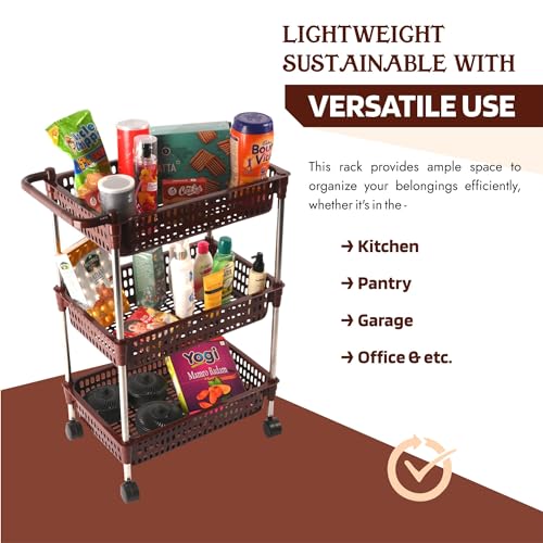 Image of Kuber Industries Storage Rack with Wheels | 3-Layer Storage Organizer Rack | Multipurpose Storage Trolley Rack for Kitchen-Home-office | Revolving Vegetable Storage Trolley | Brown