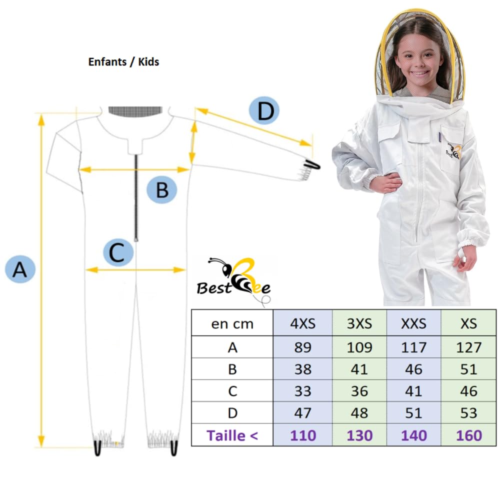 Best Bee Tuta da apicoltore per bambini (160 cm) in tessuto spesso e cotone di alta qualità, con cerniera robusta, guanti in pelle, tasche per abbigliamento anti-api, abbigliamento per apicoltura XS
