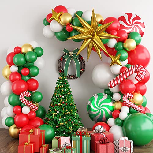 Kit de arco de globos de látex rojo verde dorado blanco con forma de guirnalda de globos Mylar con estrella Starburst muleta dulces para Navidad fiesta de Año Nuevo decoración al aire libre interior Cover