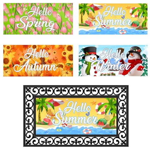 CASLON 4Pcs Seasonal Door Mat Inserts Interchangeable Entrance Doormats Holiday Welcome Hello Spring Summer Fall Winter Front Door Mat for Indoor Outdoor Christmas Home Decor 22in x 10in(No Frame)