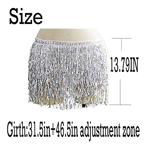 Woent Boho Sequin Belly Dance Skirt Hip Belt Tassel Skirt Hip Wrap Scarf Rave Music Festival Costume For Women Girls (Silver) #TOP1