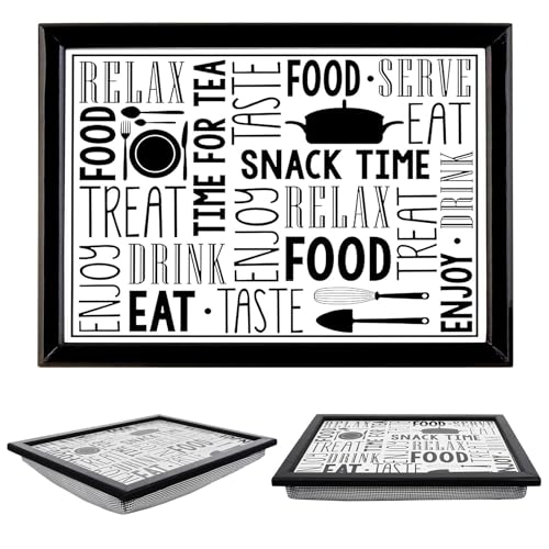 The Magic Toy Shop Wooden Lap Trays with Bean Bag Cushion with Snack Time Design - Large Padded Tray with Cushion for Kids Adults - Multipurpose Suitable for Food Work Art Studies TV Sofa Bed